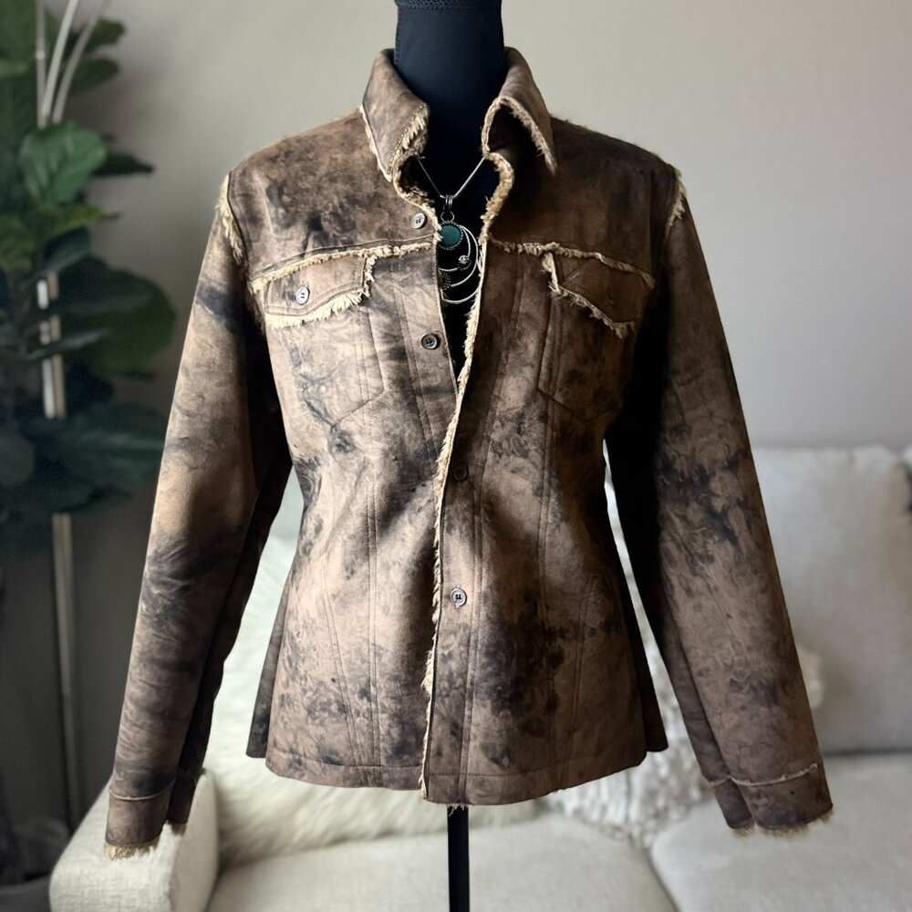 New Womens Aziza Brown Faux Fur Suede Western Shearling Coat Jacket L Large
